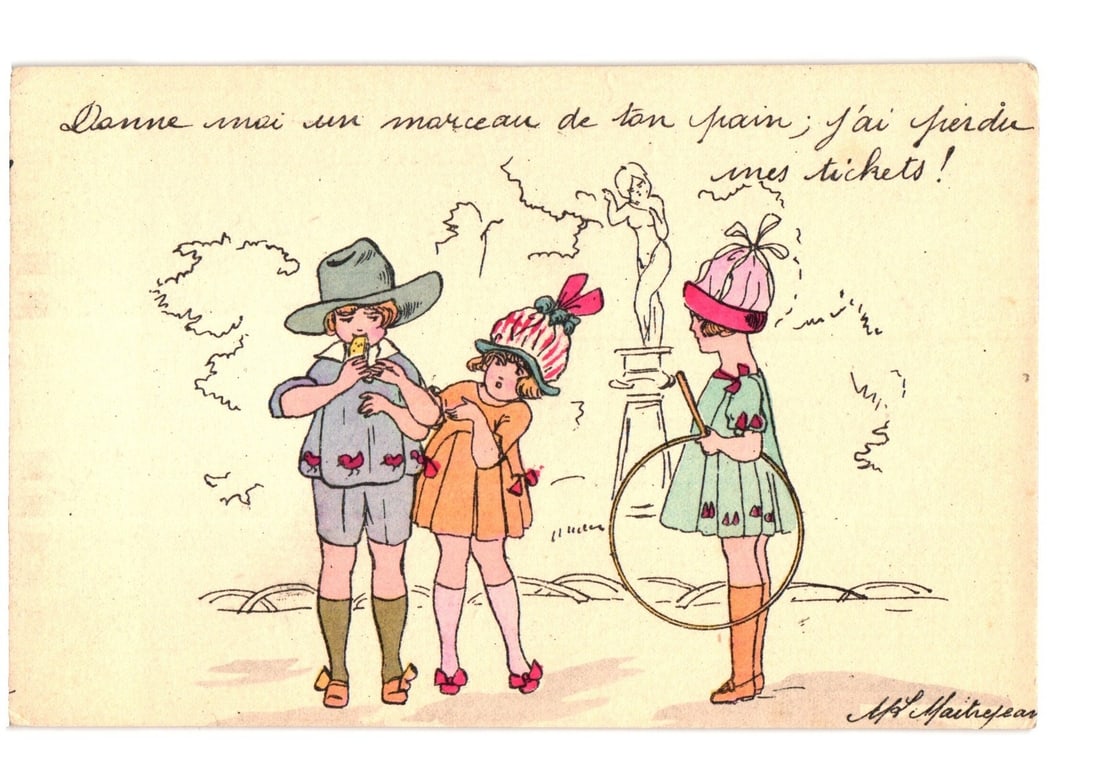 Illustrated French Postcard with Children and Statue, 'Give me bread; I lost my tickets!': Three children are depicted in an outdoor scene with a classical statue in the background. A boy on the left, wearing a large hat, a shirt adorned with hearts, and shorts, eats from a cone. A girl in 