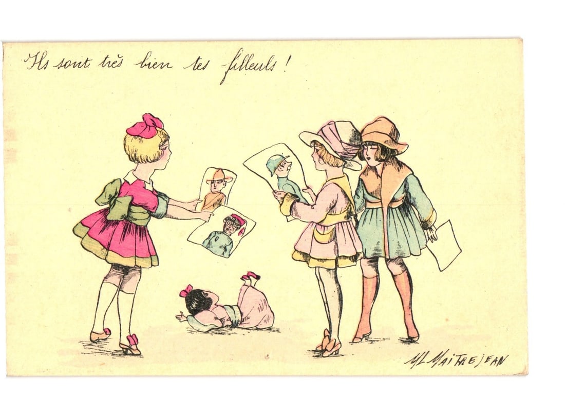 Early 20th Century French "Les Petites Marraines" postcard of girls with godchildren photos.: Three young girls and an infant baby are depicted in a hand-colored illustration. A blonde girl on the left, wearing a pink dress with a green sash and a pink hair bow, presents two small rectangular 