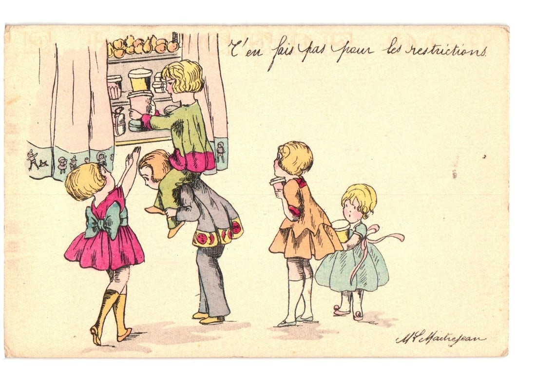 L. Maitrejean postcard: Children reaching for food, themed 'The Restrictions'.: Five children are depicted in an interior scene. A girl in a pink dress and brown boots is positioned on the left, reaching upwards toward shelves that are partially obscured by a patterned curtain. A