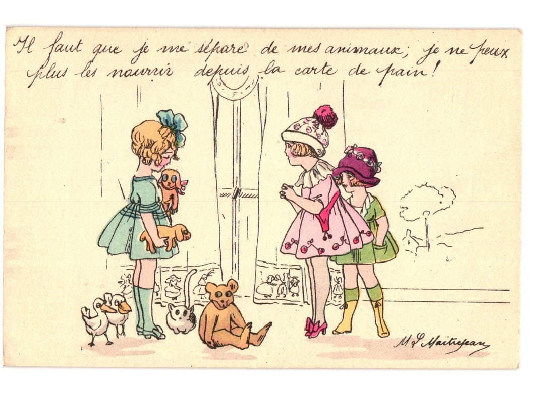 French postcard by L. Maitrejean: Three Girls with Pets, 'The Bread Card' theme, circa 1910s. (1 of 2)