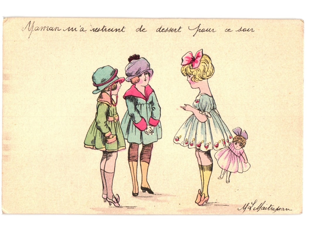 Illustration postcard depicting three girls with a doll, titled 'The Restrictions' by L. Maitrejean,: Three young girls are depicted in a stylized illustration, arranged centrally against a plain background. The girl on the left wears a green coat-dress and a matching hat with a pink ribbon. The middl