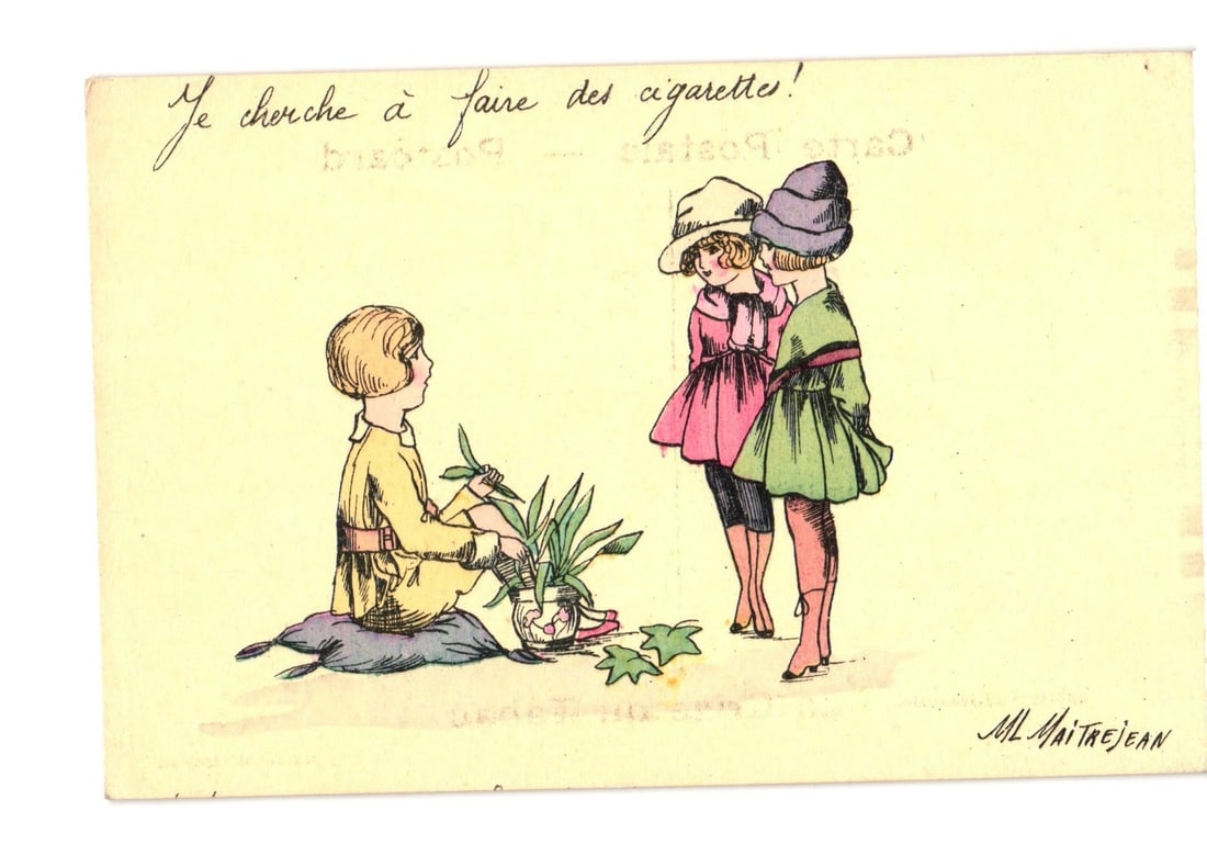 Illustrated Children Making Cigarettes Postcard, 'La Crise du Tabac' (The Tobacco Crisis): A color illustration depicts three young children. One child, with short blonde hair and wearing a yellow tunic and brown trousers, sits on a blue cushion, engaged with green leafy plants in a clear g