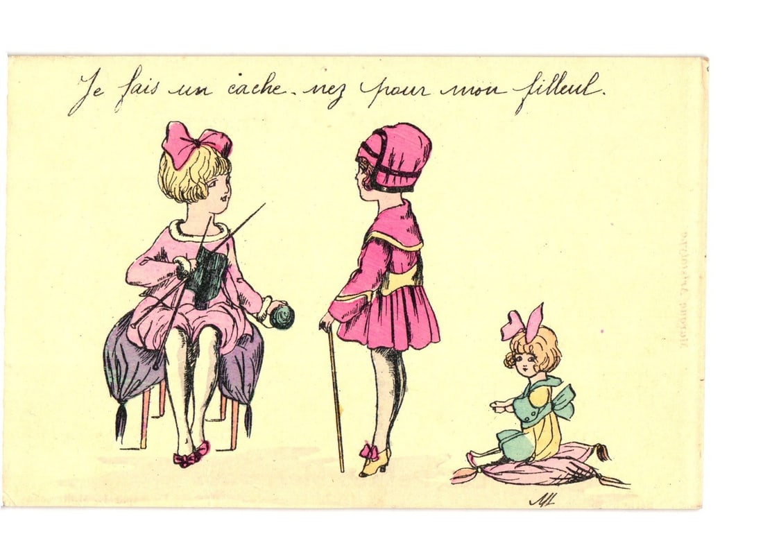 Charming early 20th-century French postcard with three stylized figures, one knitting a scarf for: An illustrated postcard depicts three stylized figures with blonde hair and pink bows, set against a plain light yellow background. On the left, a seated figure, likely a young woman, wears a pink dre