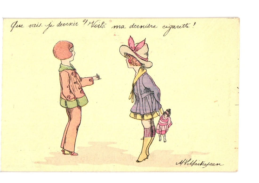 Illustrated French postcard: 'The Tobacco Crisis' with two figures, early 20th-century art.: A hand-colored illustrated lithograph depicts two stylized figures on a plain light background. A female figure on the left, with an orange bob haircut and wearing a pink jacket and green trousers, ex