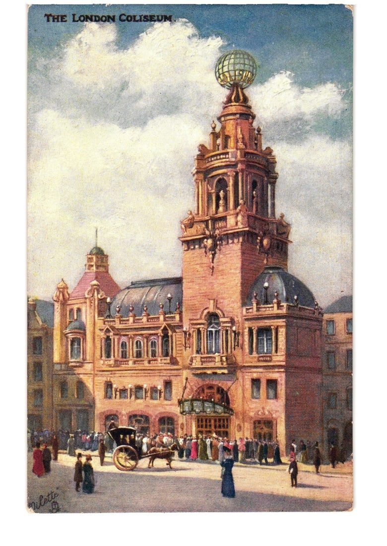 London Coliseum, Edwardian Era street scene with horse-drawn carriage, detailed chromolithograph (1 of 2)