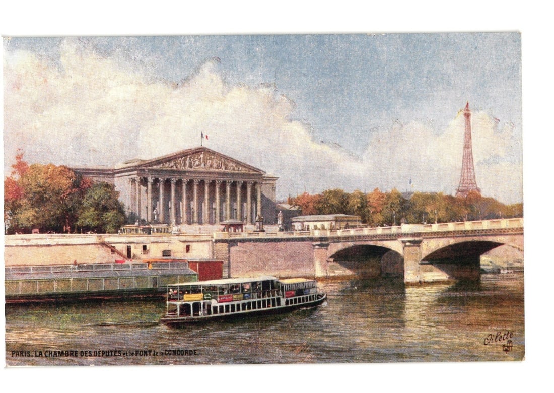 Paris postcard: Palais Bourbon, Pont de la Concorde, Eiffel Tower, Seine River, early 20th century.: A vibrant illustration depicts a panoramic view of the Seine River in Paris. The Palais Bourbon (Chamber of Deputies) with its classical colonnaded facade stands prominently on the left bank. The Pont