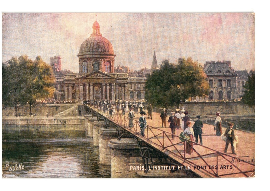 Chromolithograph postcard of the Institut de France and Pont des Arts, bustling Paris scene.: A chromolithograph postcard depicts the Pont des Arts footbridge spanning the Seine River in Paris, with the grand dome of the Institut de France visible on the left bank. Numerous pedestrians in late
