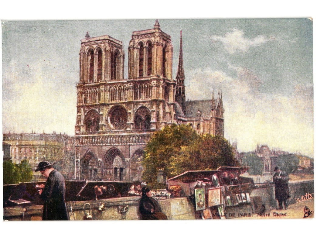 Notre Dame Cathedral, Paris, France, with street vendors, early 20th-century postcard.: A chromolithograph postcard depicts Notre Dame Cathedral in Paris, France, seen from across the Seine River. In the foreground, several figures are present on an embankment, including street vendors w