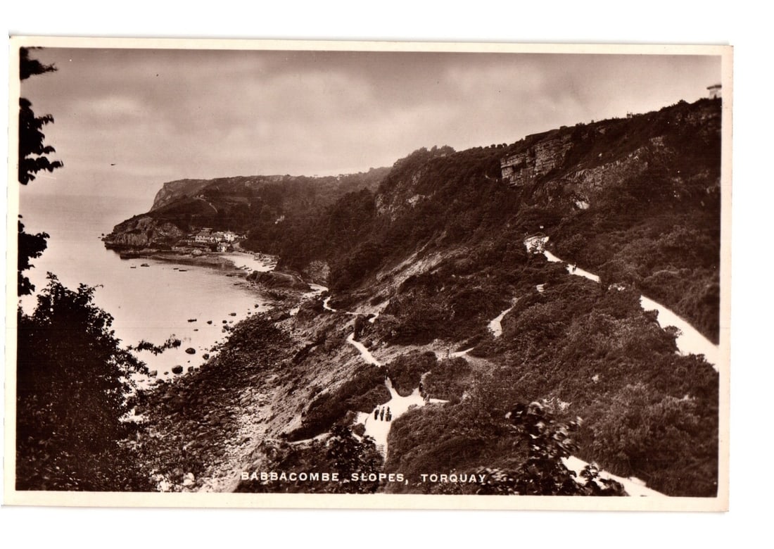 Panoramic postcard of Babbacombe Slopes, Torquay, England, featuring coastal landscape views.: A panoramic sepia-toned photographic postcard depicts Babbacombe Slopes in Torquay, England. The view is from an elevated perspective, showcasing a dramatic coastline with lush, dark vegetation coveri
