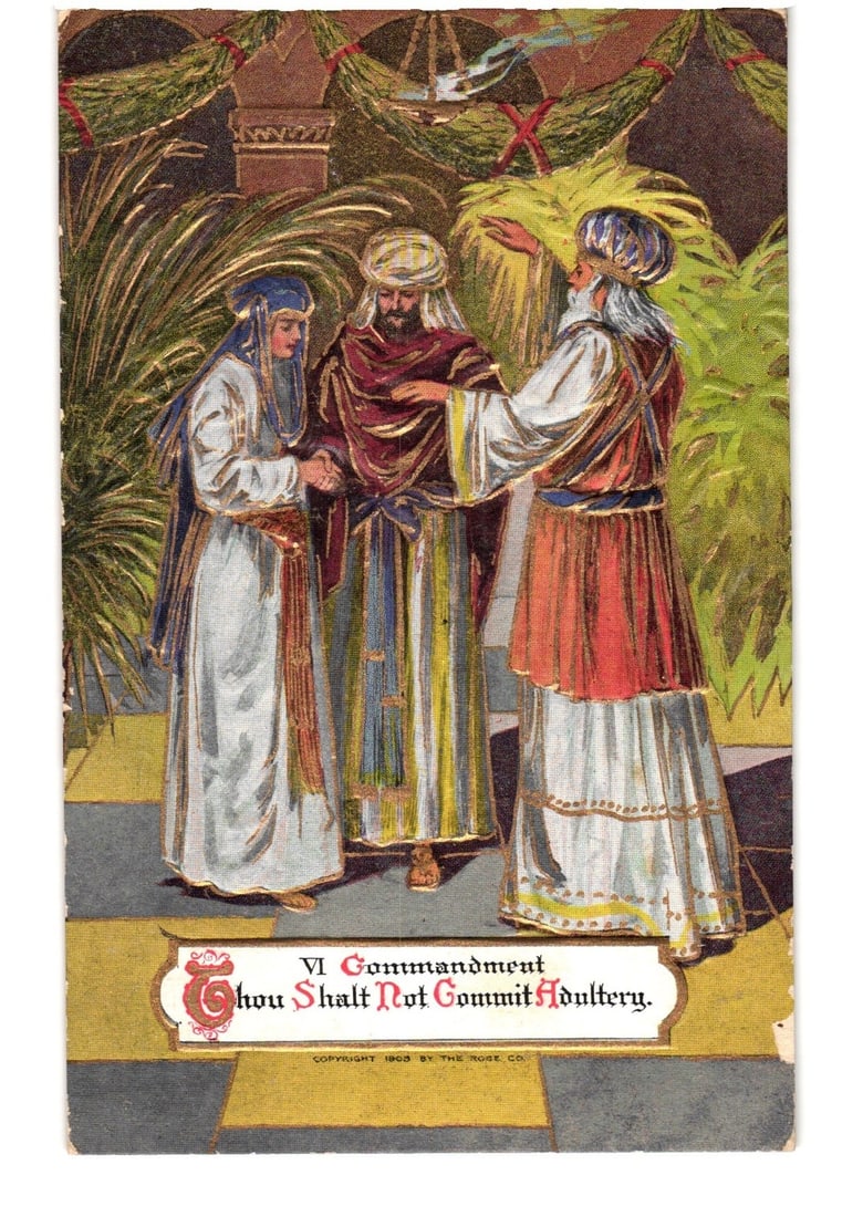 Biblical Sixth Commandment illustration postcard, three figures, foliage, 1908 Rose Co. (1 of 2)