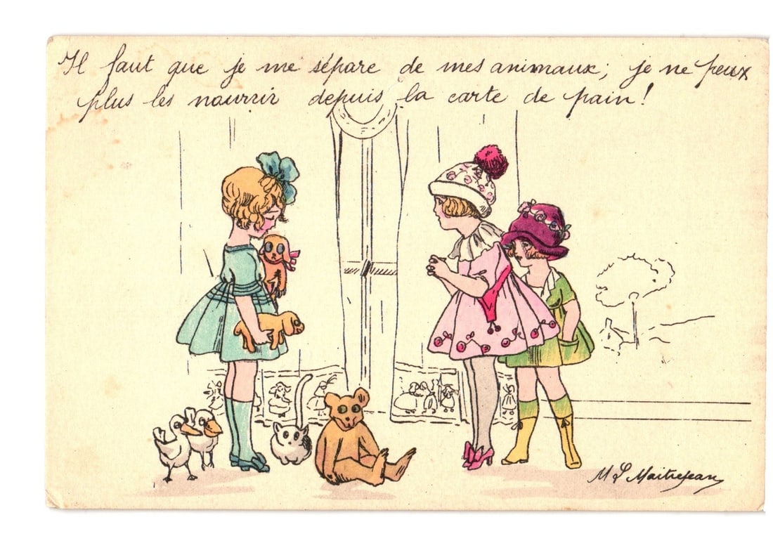 Early 20th Century French Postcard: Girls with Toy Animals, 'Bread Card' Rationing Theme: Three young girls are depicted in a color illustration, likely a chromolithograph. The girl on the left, wearing a blue dress and a large blue bow in her hair, holds a small brown dog and a tan dog. A