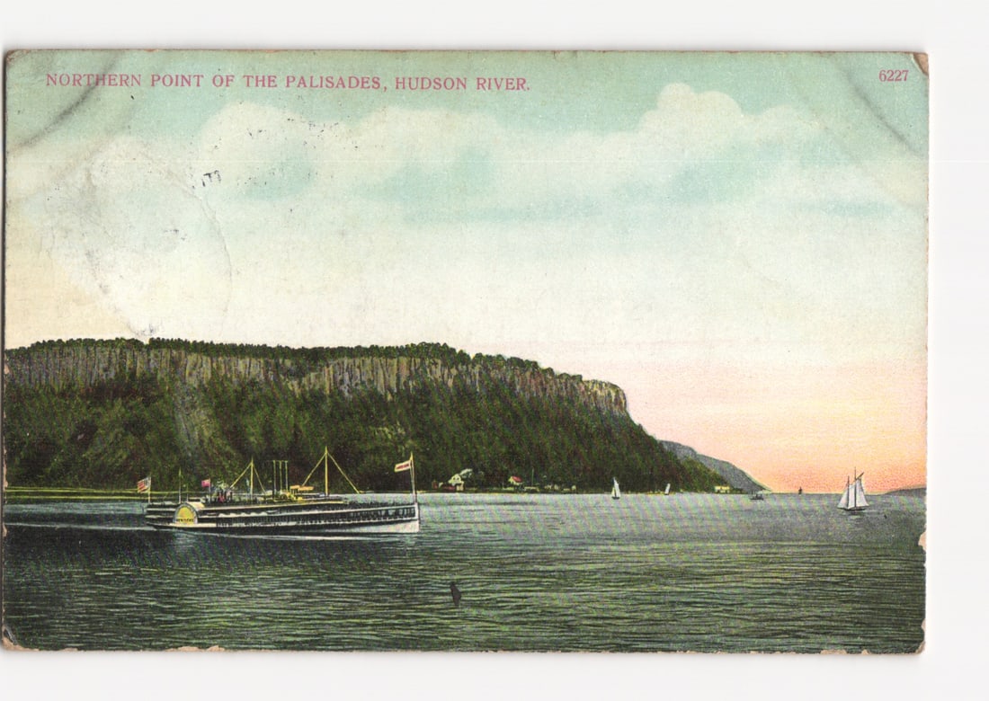 Steamboat on Hudson River, Northern Point of the Palisades, Early 20th Century postcard (1 of 2)