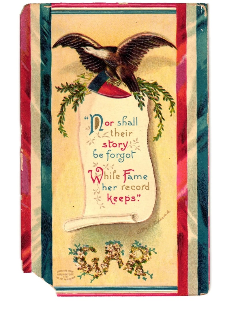 Patriotic Eagle GAR Motto Scroll Chromolithograph Postcard, Early 20th Century Design: A brown eagle with outstretched wings is depicted perched atop a white scroll, which is adorned with green leafy garlands. Below the scroll, floral arrangements spell out "G.A.R." The central yellow p