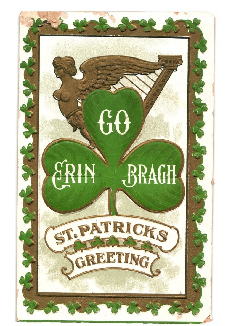 Early 20th Century St. Patrick's Day Greeting postcard, Harp, Winged Figure, Shamrocks (1 of 2)