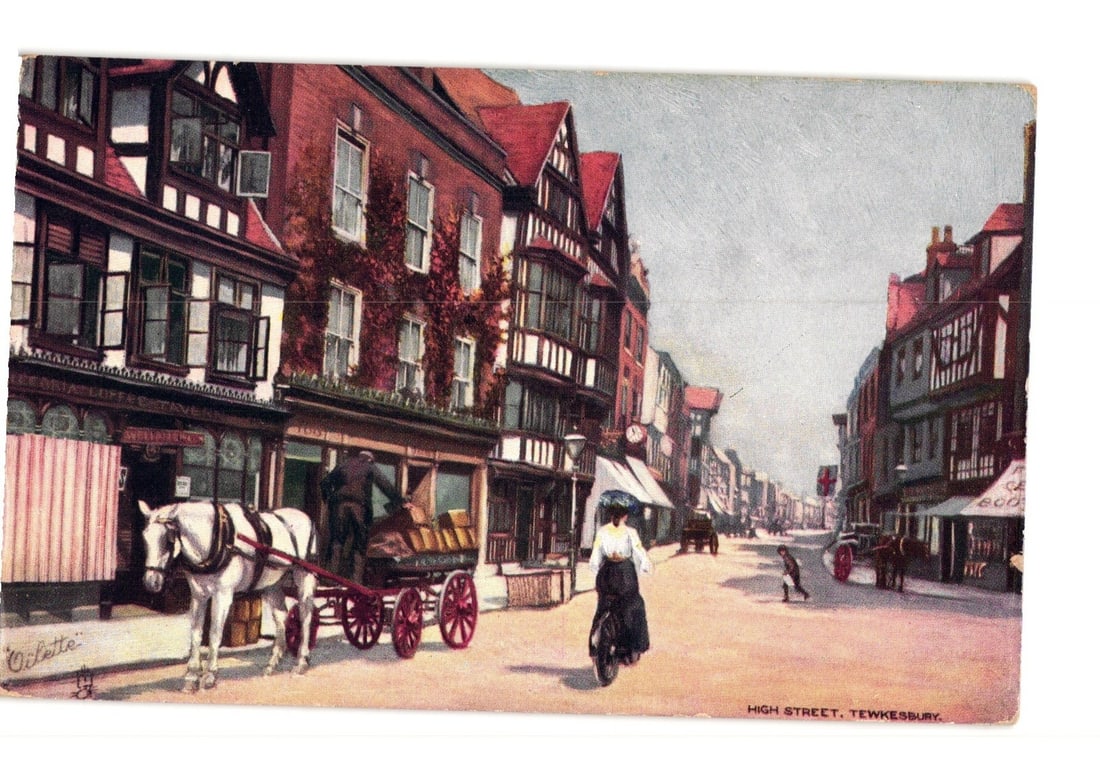 Early 20th Century Oilette postcard of High Street, Tewkesbury, England with Horse Cart (1 of 2)