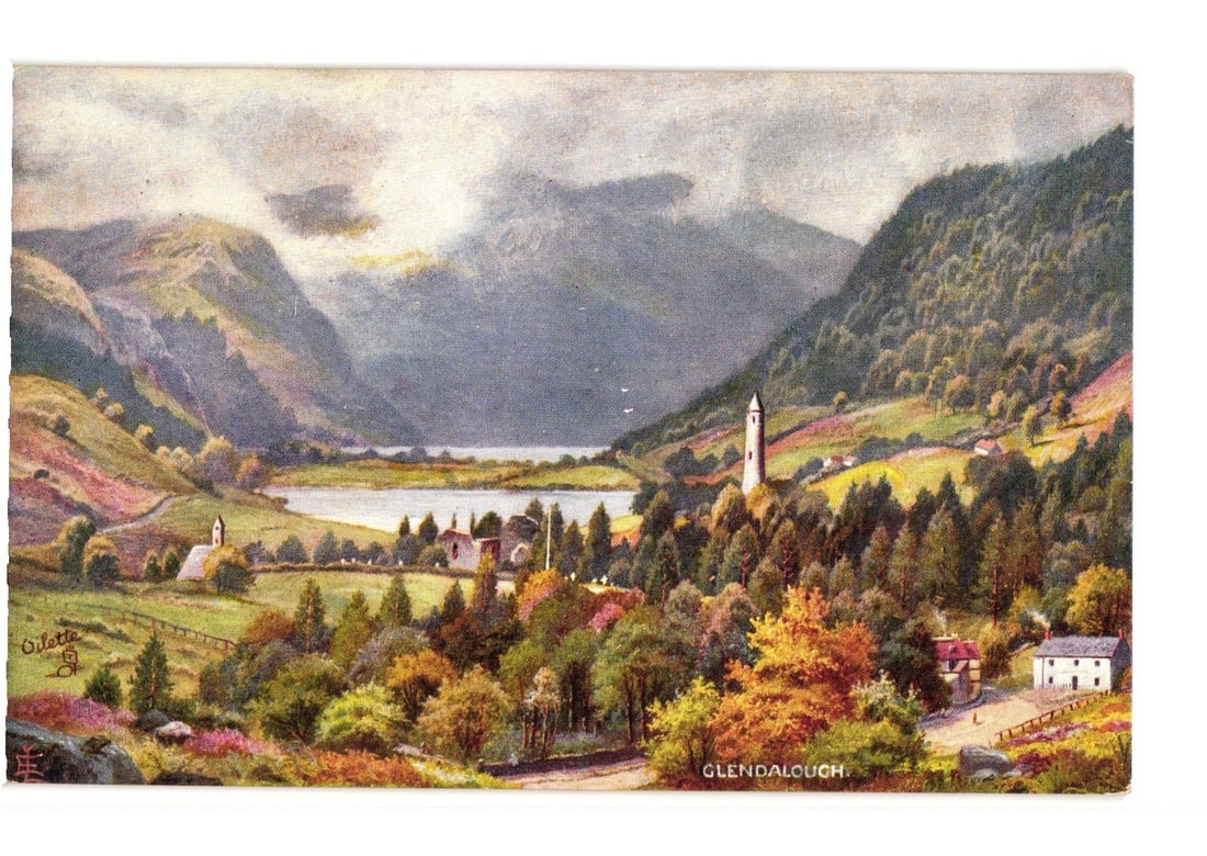 Picturesque Glendalough Valley Landscape, County Wicklow, Ireland, Raphael Tuck Oilette postcard: A scenic landscape depicting Glendalough Valley in County Wicklow, Ireland, rendered as a chromolithograph Oilette postcard. The expansive view features a tranquil lake in the middle ground, flanked b