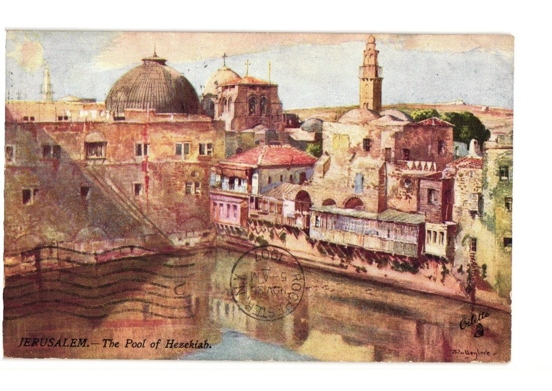 Jerusalem: The Pool of Hezekiah, Detailed Lithograph Postcard by Raphael Tuck & Sons: The Pool of Hezekiah in Jerusalem is depicted, featuring a body of water in the foreground reflecting surrounding buildings. A large domed structure and a tall belfry tower rise above the cityscape. T