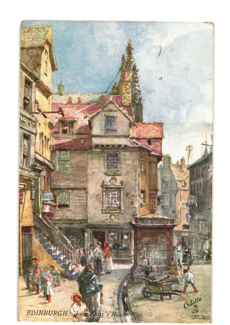 Edinburgh, John Knox's House, Historic Street Scene with Figures, early 20th Century postcard: An illustrated street scene depicts John Knox's House, a multi-story building with a red-tiled roof, situated centrally among other historic structures. A raised outdoor staircase and a building with 