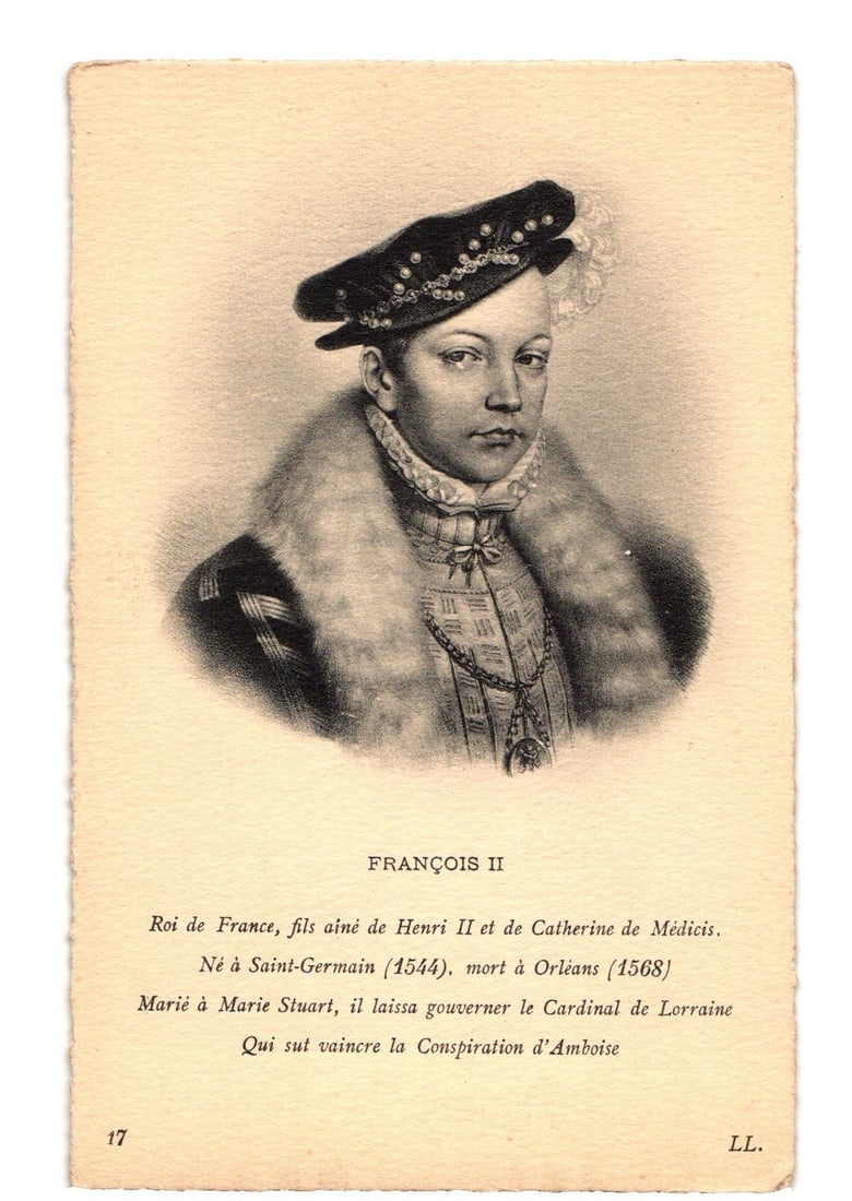 Historic Postcard: Portrait of King Francois II of France, Born 1544, Died 1568: A bust portrait of a young man, Francois II, King of France. He is depicted wearing a dark, jeweled cap with a white feather, a high ruff collar, and a rich, fur-trimmed garment over patterned sleeves