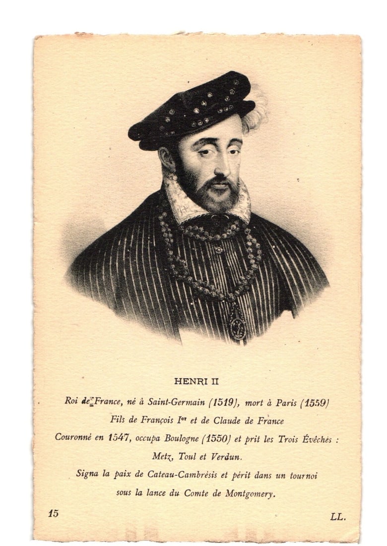 Portrait of Henri II, King of France (1519-1559), a historical 16th-century postcard.: A bust portrait depicts Henri II, King of France, facing slightly right with a direct gaze. He wears a dark cap adorned with what appears to be jewels and a feather, a ruffled collar, and a dark, poss