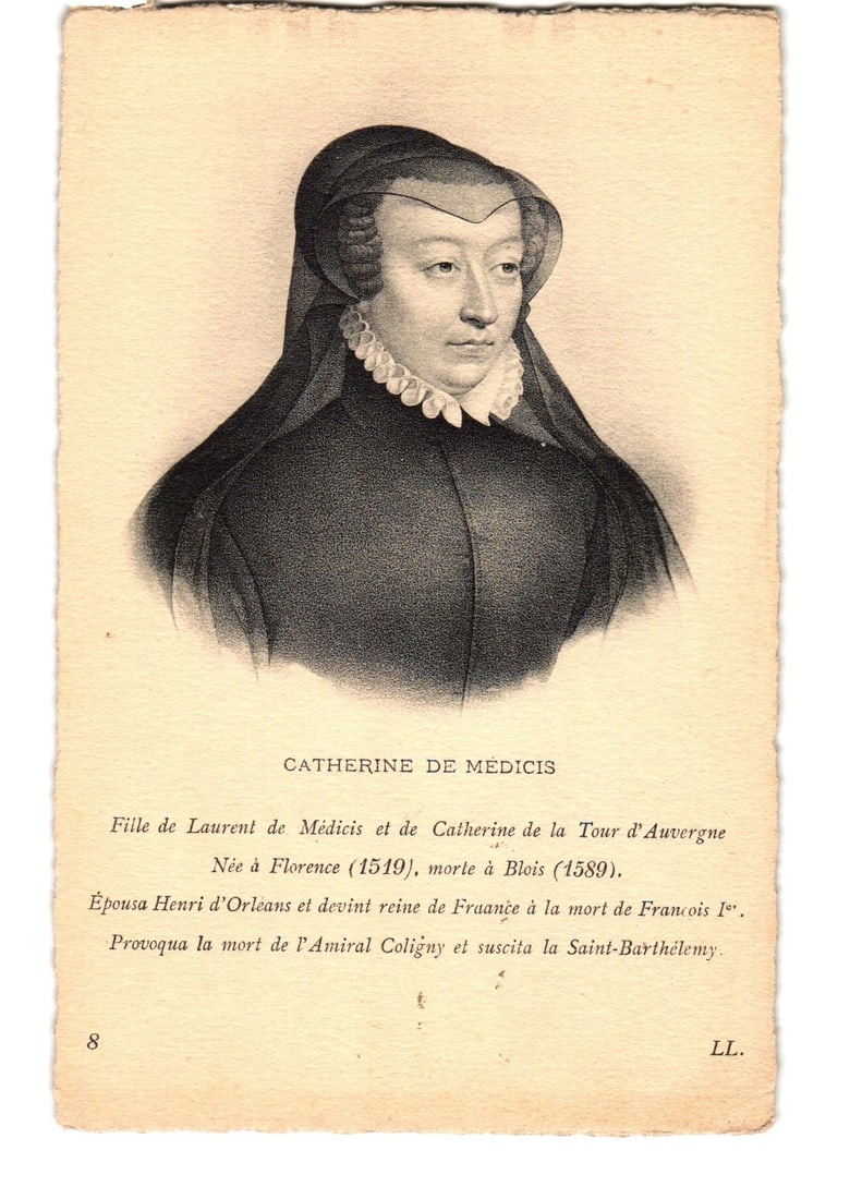 Engraved Portrait of Catherine de' Medici, Queen of France, Historical French Postcard: Bust-length portrait of Catherine de' Medici, depicted with a dark veil covering her head and shoulders, and a ruffled white collar. The subject is positioned centrally, gazing slightly right. The ima
