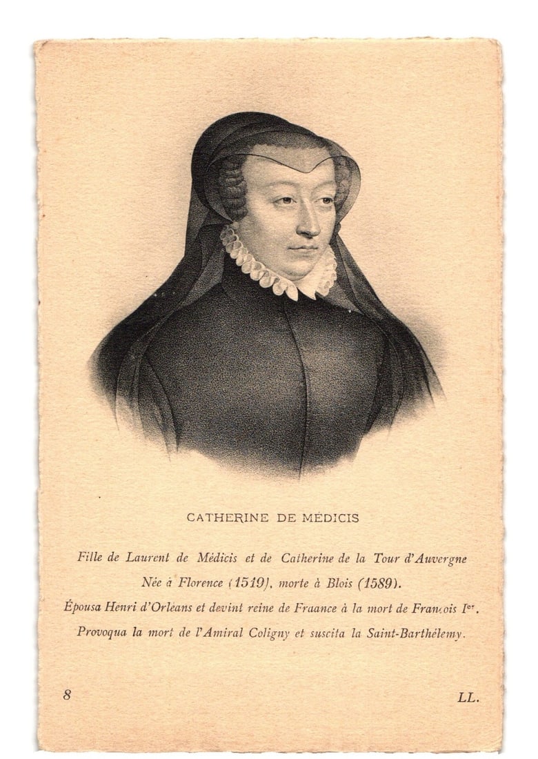 16th-Century Portrait of Catherine de Medicis, Queen of France, Historical Lithograph Postcard: Portrait of Catherine de Medicis, depicted in black and white as a lithograph or engraving. She is shown from the waist up, facing slightly right, with a direct gaze. She wears a dark dress with a hig