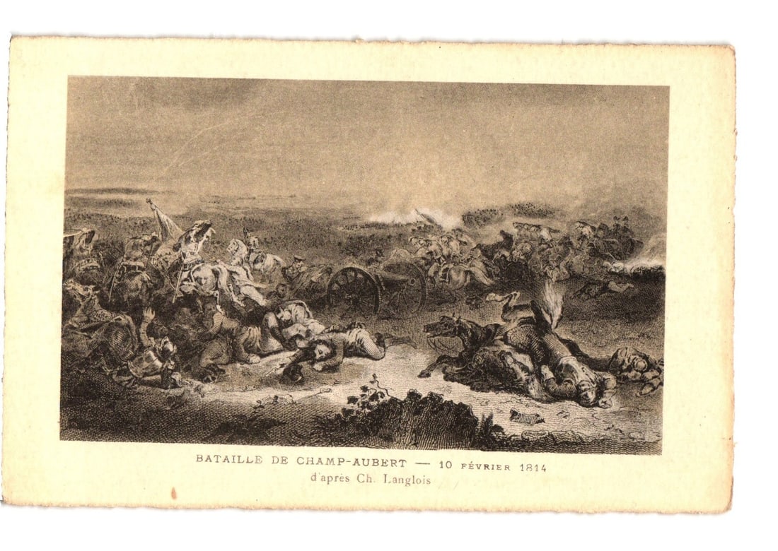Battle of Champ-Aubert after Ch. Langlois, 10 February 1814, French war art postcard: A historical battle scene depicting soldiers and horses in intense combat, with many figures fallen on the ground. A cannon is centrally placed amidst the action, and smoke or dust billows across the 