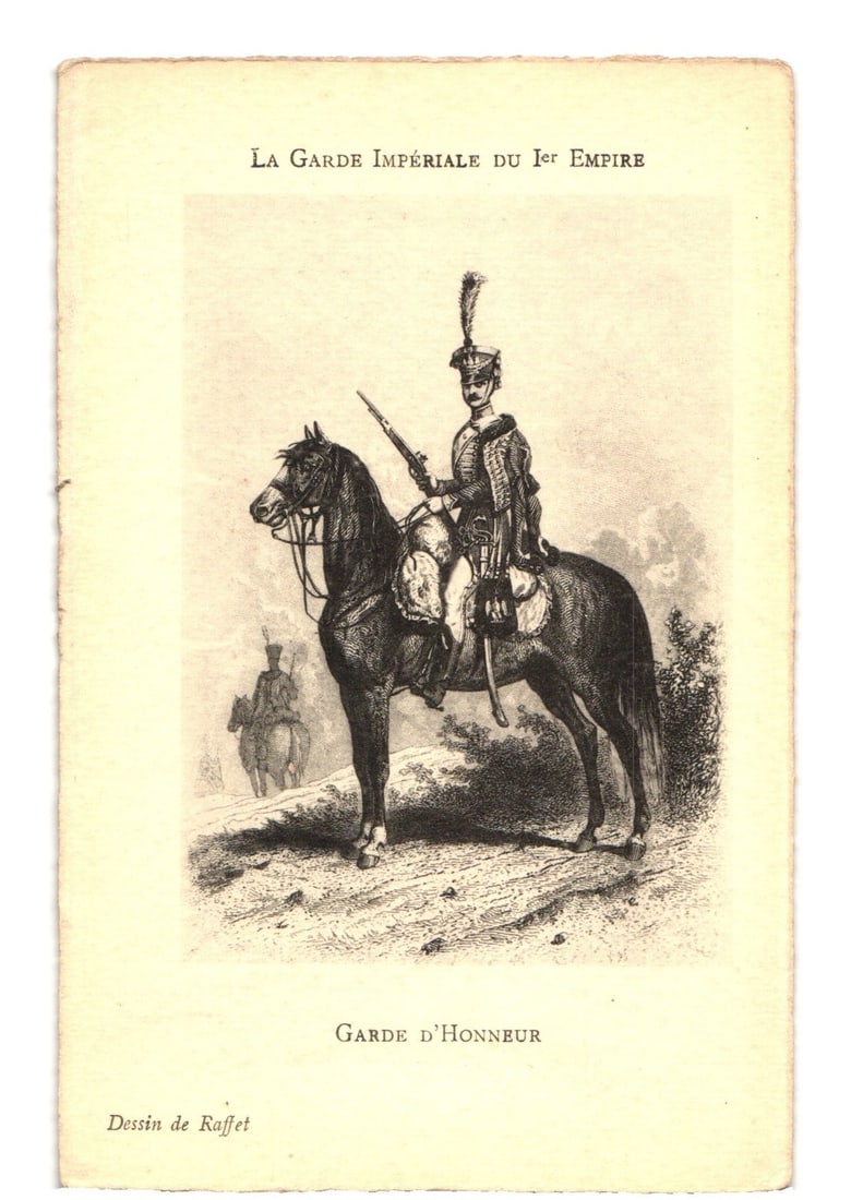 Napoleonic Era French Imperial Guard, "Garde d'Honneur" cavalryman illustration postcard.: An illustration depicts a mounted soldier in uniform, facing right, holding a rifle with a bayonet. The soldier wears a tall, plumed shako and an ornate uniform jacket. The dark horse stands in profil