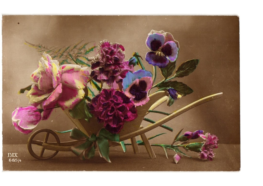 Early 20th Century Hand-Tinted Floral Arrangement with Roses and Pansies in Wheelbarrow postcard: A still life composition features a wooden wheelbarrow overflowing with a vibrant assortment of flowers. Prominent are a large multi-toned pink and yellow rose, several deep purple and magenta carnati