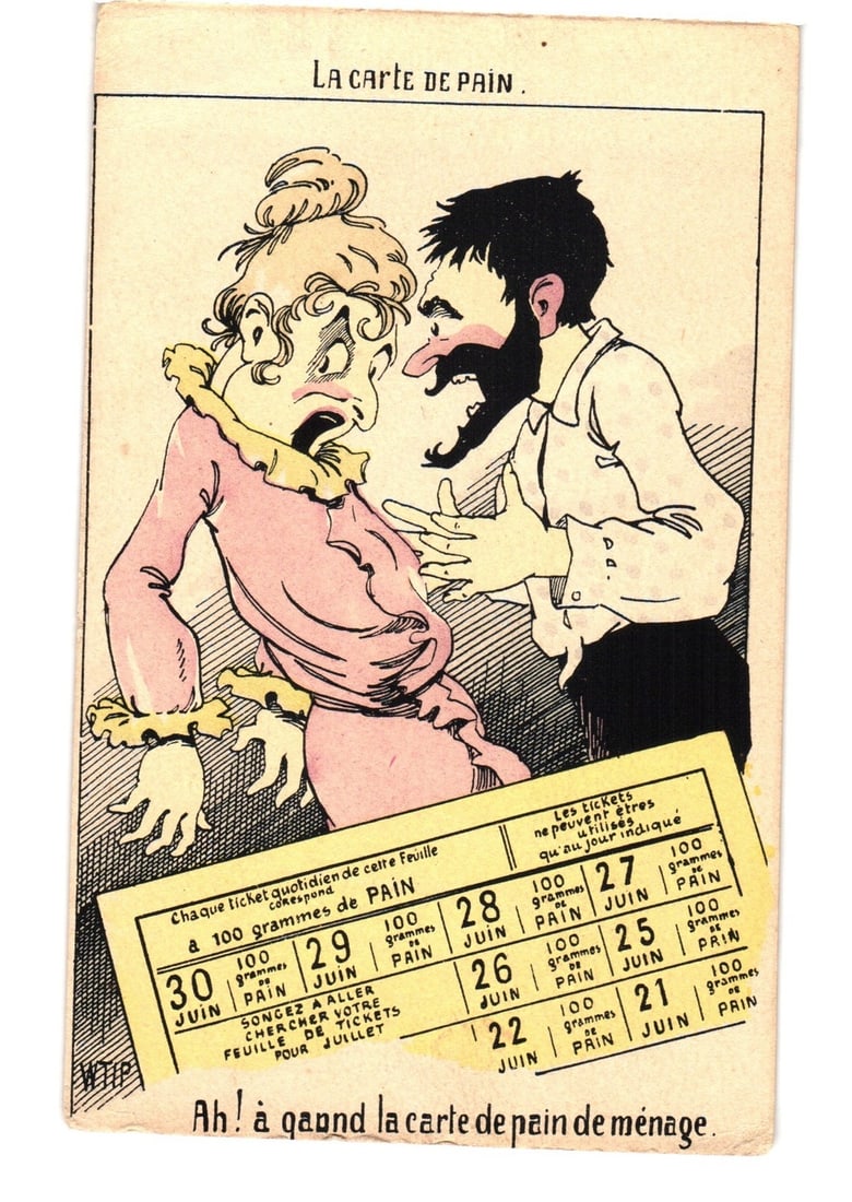 French Comical Postcard: Couple Arguing Over A Bread Ration Card, Paris, Early 20th Century (1 of 2)