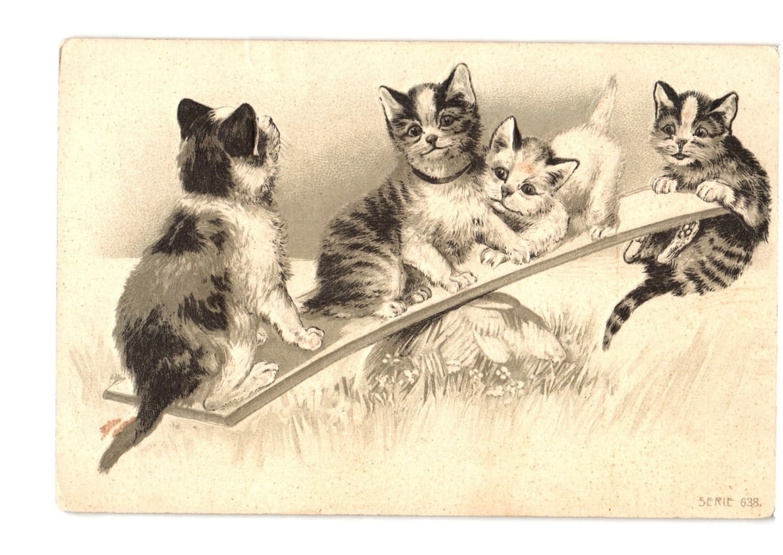 Early 20th-Century Chromolithograph Art Postcard: Four Kittens Playing on a Seesaw (1 of 2)