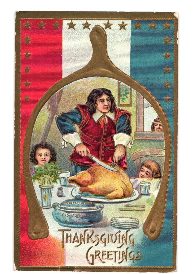 Thanksgiving Greetings postcard: Man carving turkey for family, framed by golden horseshoe.: A central image depicts a man in historical attire, featuring a red vest and blue jacket, carving a roasted turkey at a dining table. Two children observe from the table, and another face is visible i