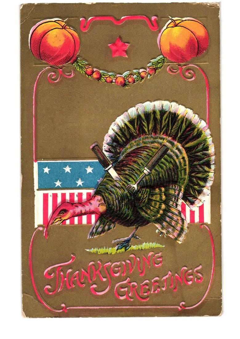 Thanksgiving Greetings postcard with turkey, American flag, pumpkins, and a 1910 New York postmark. (1 of 2)