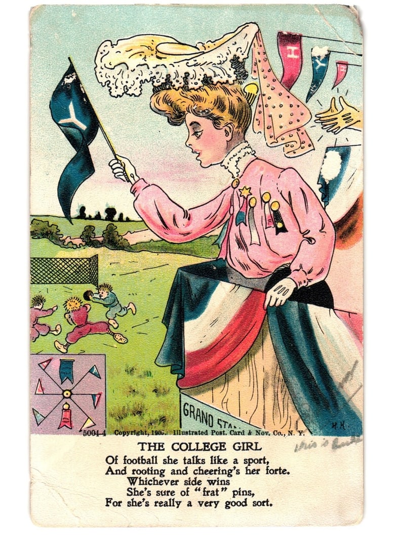 1905 The College Girl with a pennant and medals, watching a football game, illustrated postcard: A young woman in profile, wearing an elaborate, flower-adorned hat and a pink blouse with star medals, sits on a "GRAND STAND" watching a football game. Her skirt features prominent red, white, and bl