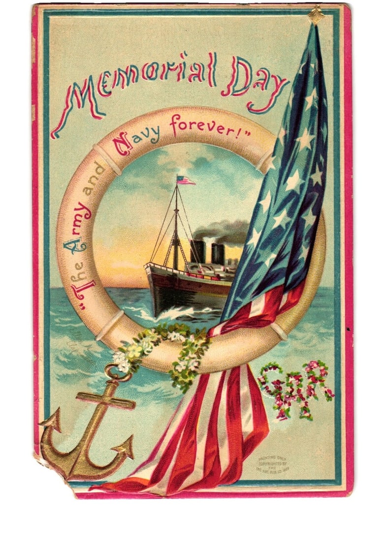 Early 20th Century Memorial Day Naval & Military Themed Postcard with U.S. Flag (1 of 2)
