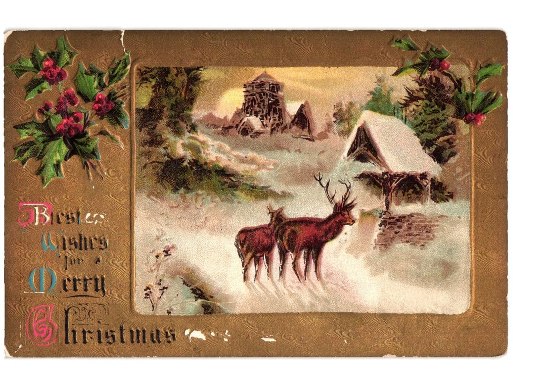 Embossed Christmas postcard: Winter landscape with deer, snow-covered buildings, and festive holly (1 of 2)