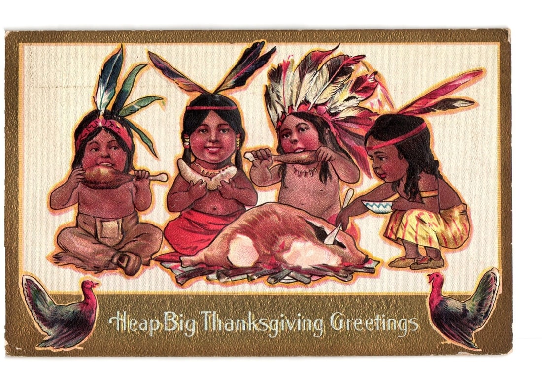 Early 20th Century Chromolithograph Postcard of Native American Thanksgiving Scene, circa 1910: Four Native American children are depicted engaging in a Thanksgiving feast. The child on the far left, seated, holds a bone. A child to their right, also seated, holds a larger bone or horn. Two cent
