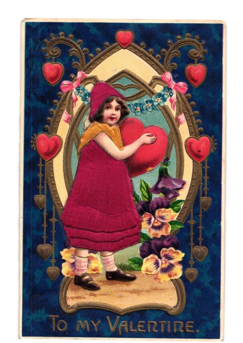 Chromolithograph Valentine postcard: Girl in Red with Heart, Ornate Floral Frame, 1917 Postmark. (1 of 2)