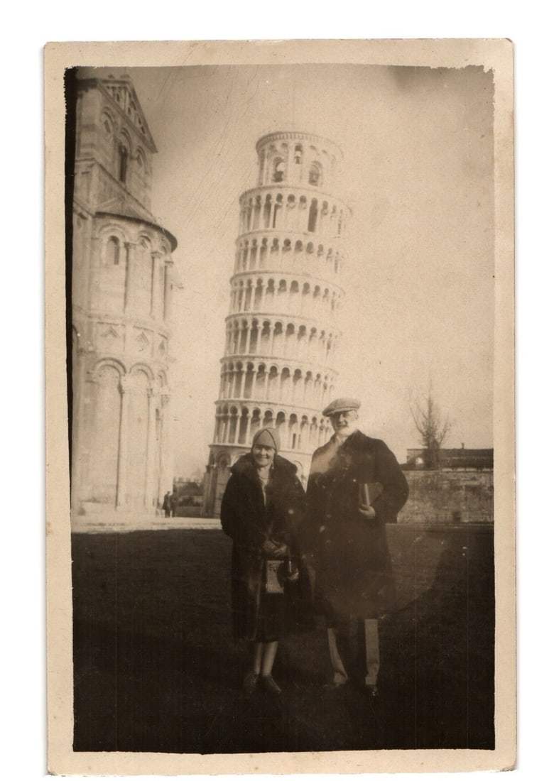 Two Tourists Posing with Leaning Tower of Pisa and Cathedral, Italy, Vintage Real Photo postcard (1 of 2)