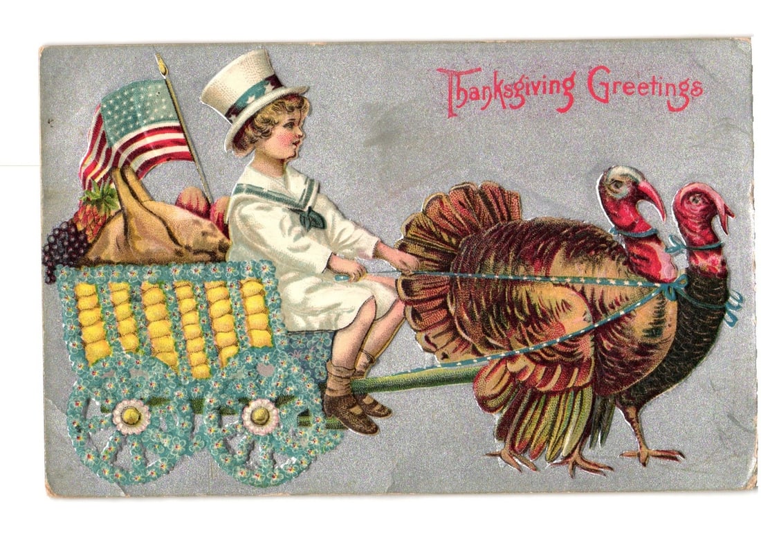 Thanksgiving Greetings postcard depicting a child pulling a turkey-drawn wagon, likely New York, (1 of 2)