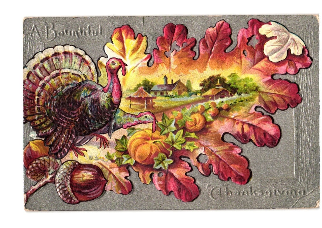 Embossed chromolithograph Thanksgiving postcard with colorful turkeys, autumn leaves, rural scene, (1 of 2)