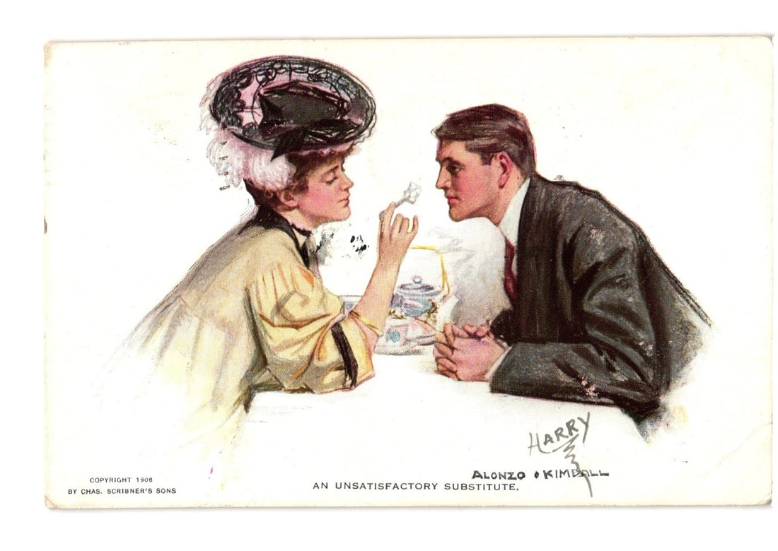 1908 Alonzo Kimball Illustration Postcard: A Couple's Table Scene, 'An Unsatisfactory Substitute': An illustration depicts a man and a woman seated opposite each other at a table. The woman, wearing a large feathered hat and an elaborate dress, holds a lit cigarette, looking towards the man. The ma