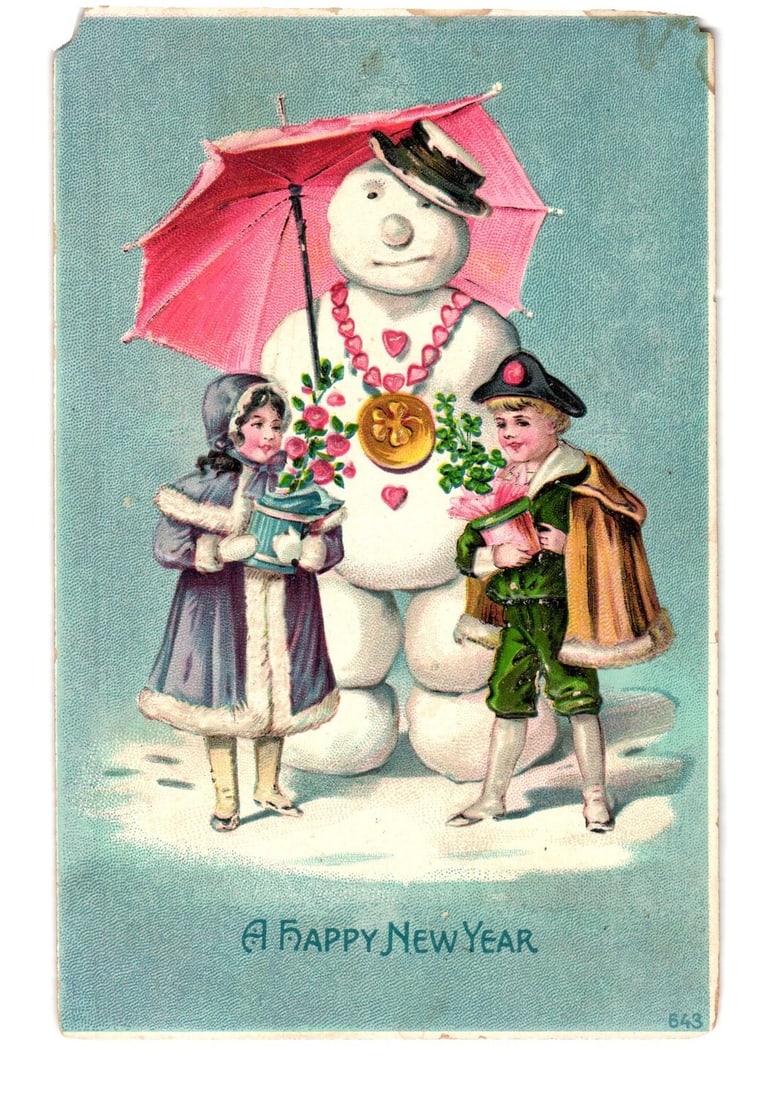 German Lithographic New Year postcard: Snowman with Pink Umbrella, Boy & Girl. Early 1900s. (1 of 2)