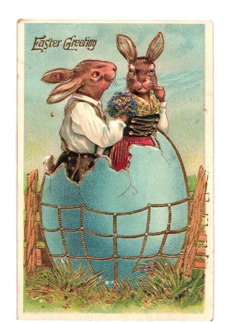 Anthropomorphic Easter Bunnies in Cracked Egg, Chromolithograph Postcard, Early 20th Century (1 of 2)