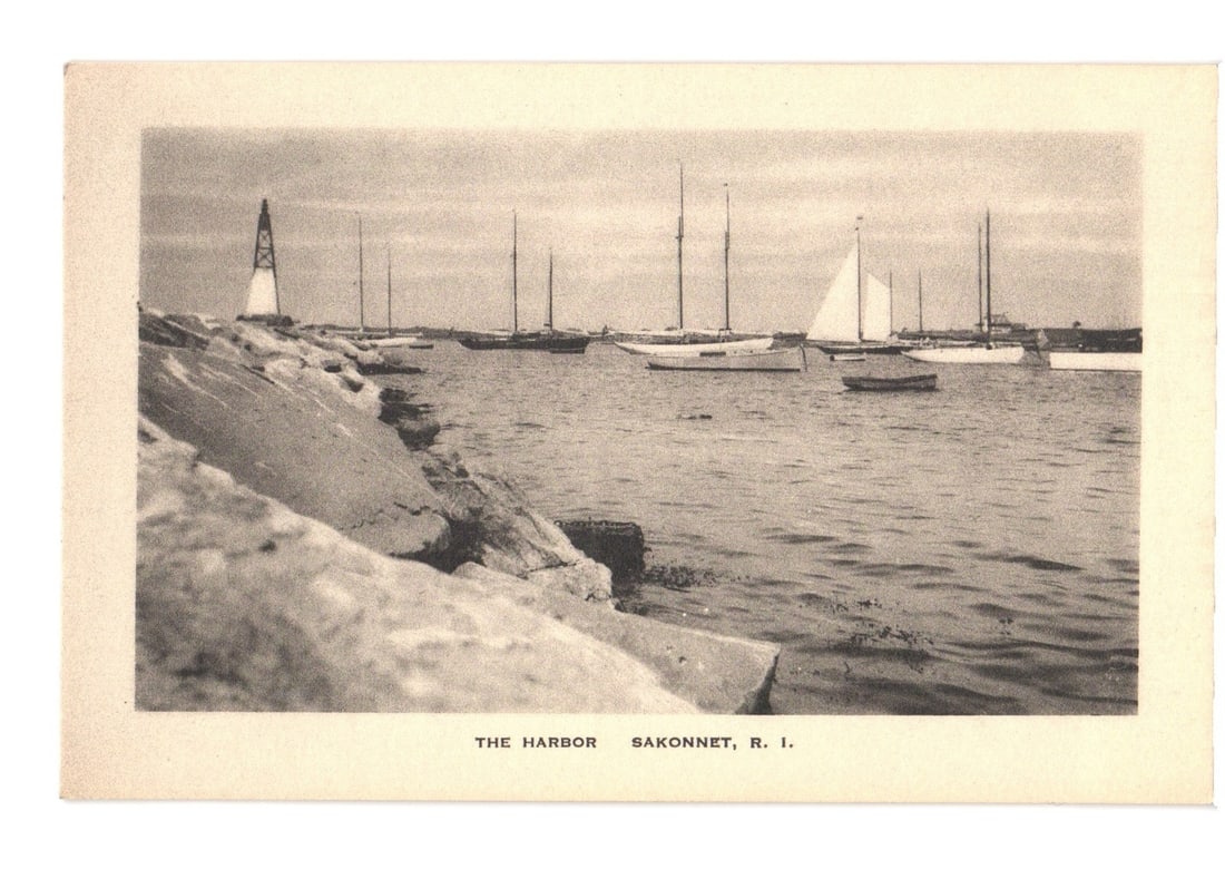 Sakonnet, R. I. Harbor Scene with Numerous Sailboats and Jetty, Early 20th Century Postcard (1 of 2)