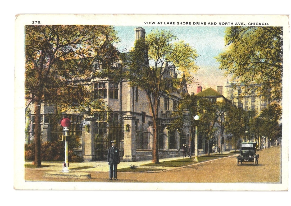 Colorized Chicago postcard: View at Lake Shore Drive and North Ave. with early automobile. (1 of 2)