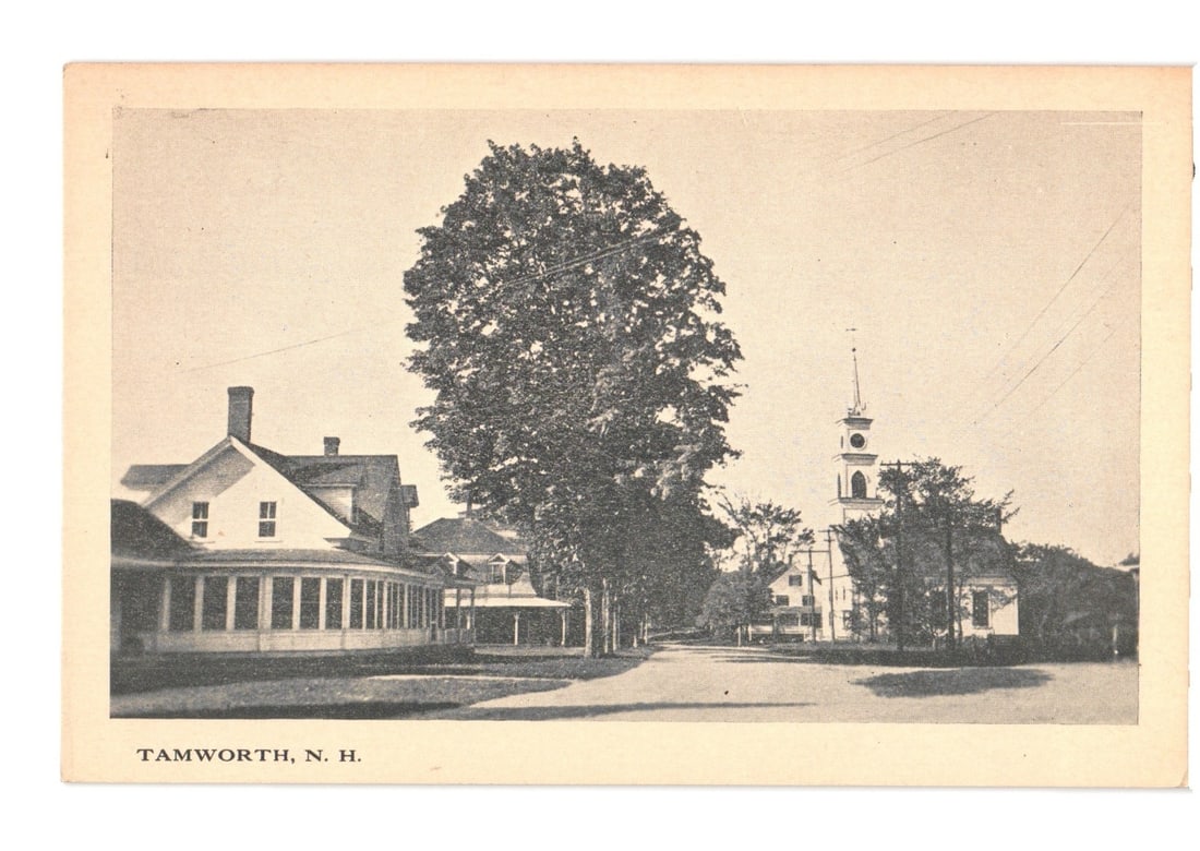 Tamworth, N. H. Village Street Scene with Church and Homes, Early 20th Century Photographic Postcard: A village street scene in Tamworth, New Hampshire, captured in a monochrome photographic print. The foreground left shows a multi-story house with a prominent enclosed porch. A large, mature tree domi