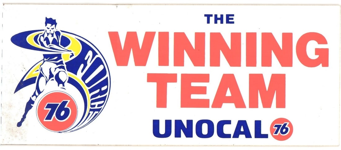 Unocal 76 "The Winning Team" Spirit of '76 Logo Advertising Postcard, Mid-to-Late 20th Century: A graphic design promoting the Unocal 76 'The Winning Team' campaign. The left side features the stylized 'Spirit of '76' logo, depicting a dynamic male figure in blue and yellow, holding a large red 