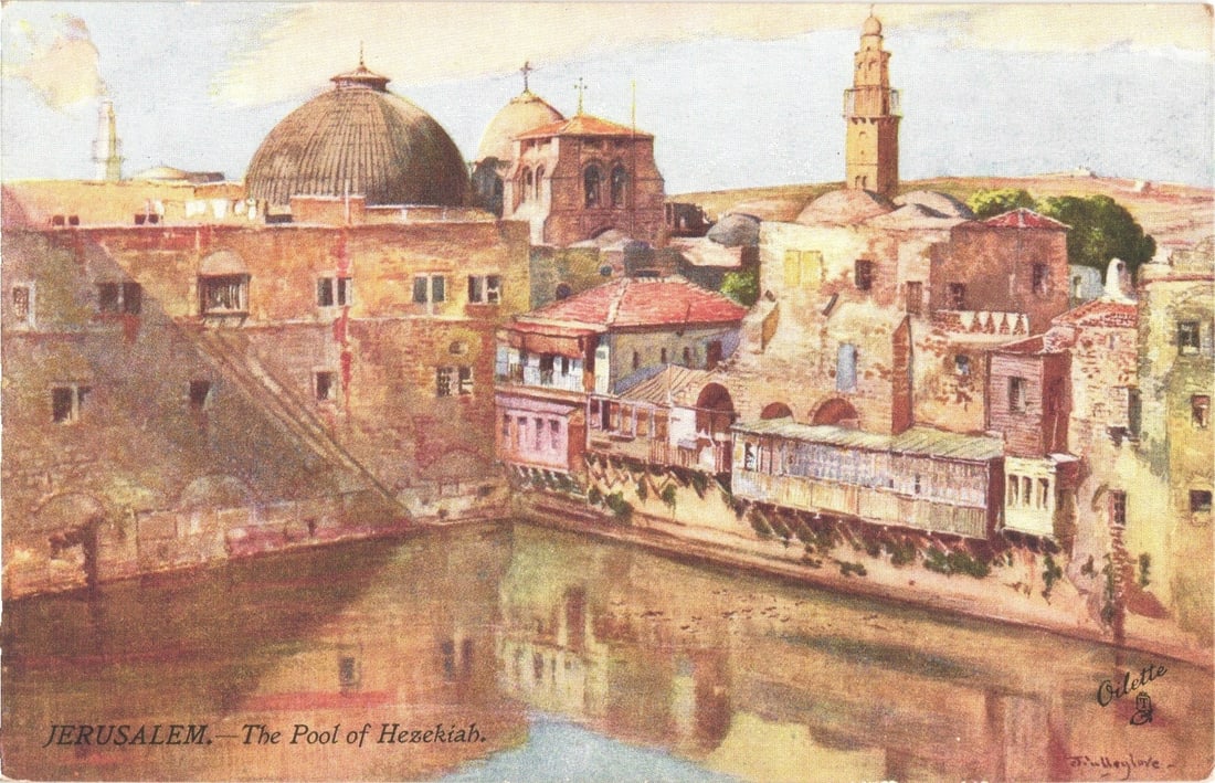 Oilette postcard depicting Jerusalem's Pool of Hezekiah and Holy Sepulchre buildings, 1908. (1 of 2)