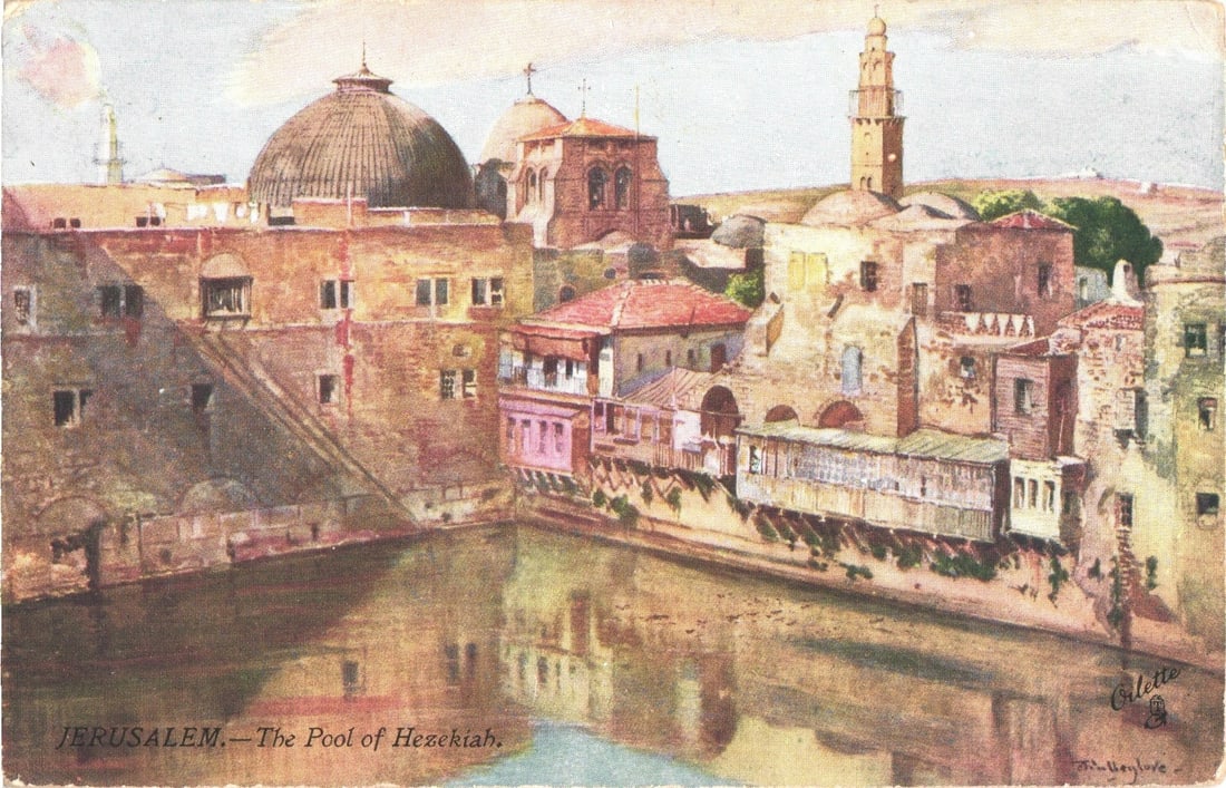 Jerusalem's Pool of Hezekiah, detailed cityscape with domes and tower, early 20th C. postcard.: View of the Pool of Hezekiah in Jerusalem, depicted as an artificial reservoir. The pool occupies the foreground, reflecting the historic cityscape. Prominent stone buildings, featuring a large domed 